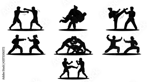 Tableau sur toile Martial arts silhouettes in dynamic fighting poses