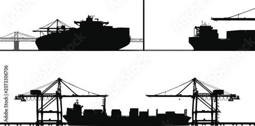 Tableau sur toile Container Cargo Ship and Port Crane Silhouette Set for Global Maritime Logistics