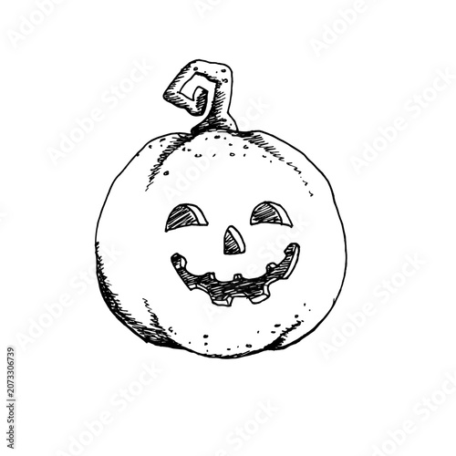 Black and white graphic illustration in EPS format. A hand drawn ink sketch of a Halloween pumpkin in a simple, childlike doodle style. Monochrome line art for greeting cards, textiles, party.