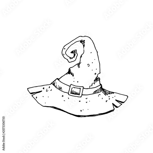 A black and white monochrome ink illustration of a witch hat. Hand drawn in a simple, child style in EPS format. Halloween doodles in a grunge style for greeting cards, posters, books, and packaging.