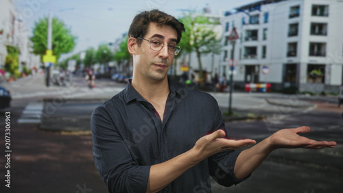 Fotografía Man with open palms gesturing at a city crosswalk on a street, wearing glasses and dark shirt, mid explanation to camera; questioning