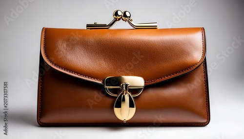 a brown leather purse with a gold clasp is displayed on a white background the purse is made of high quality leather and has a gold clasp that adds a touch of elegance to the design