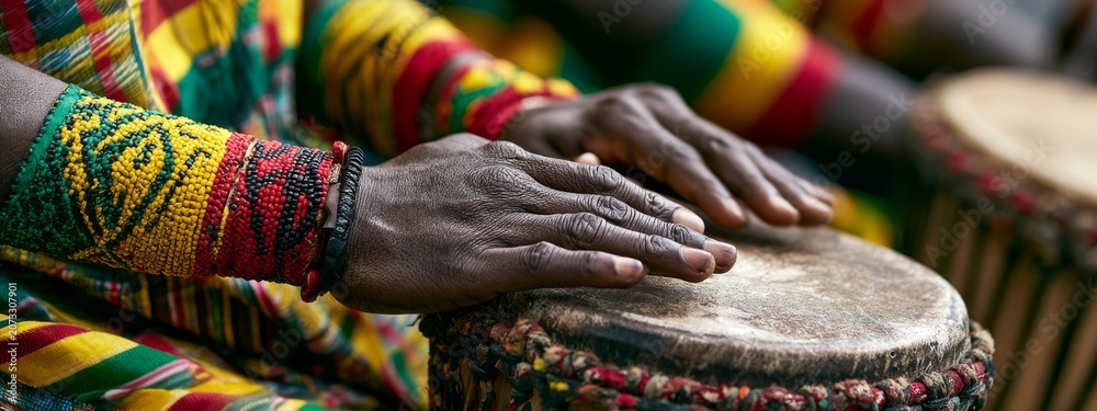 Fototapeta premium Traditional Ghanaian Soccer Fan Playing Percussion Instruments at a Cultural Celebration Event