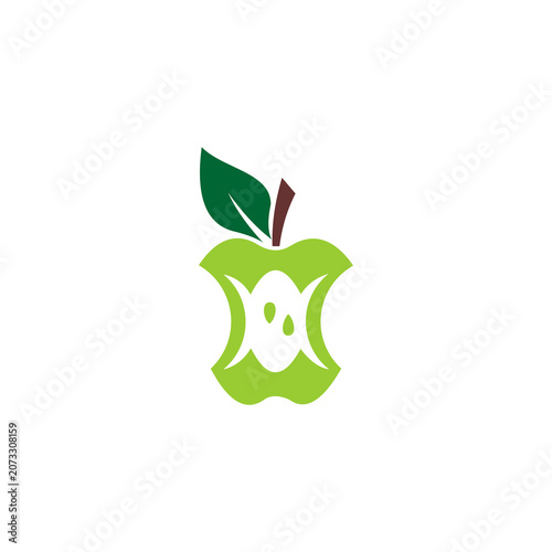A clean, stylized vector icon representing a bitten apple core with a single green leaf, symbolizing freshness, fruit, health, and natural snacks.