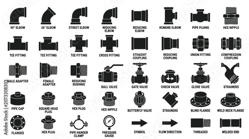Extensive Collection of Plumbing Fittings and Water Pipe Components Outline on an isolated white background
