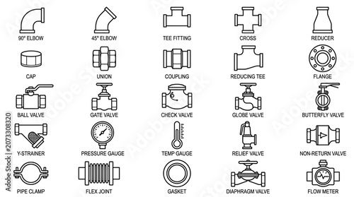 Comprehensive Collection of Plumbing and Pipe Fitting Icons Outline on an isolated white background