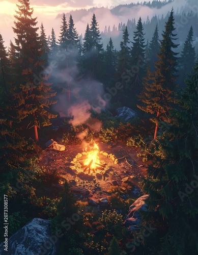 Campfire burning in forest at dusk.