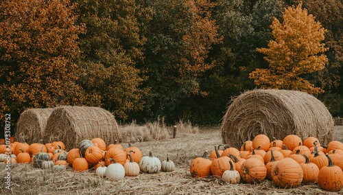 Pumpkin Patch with Hay Bales and Autumn Trees in Fall Harvest Scene