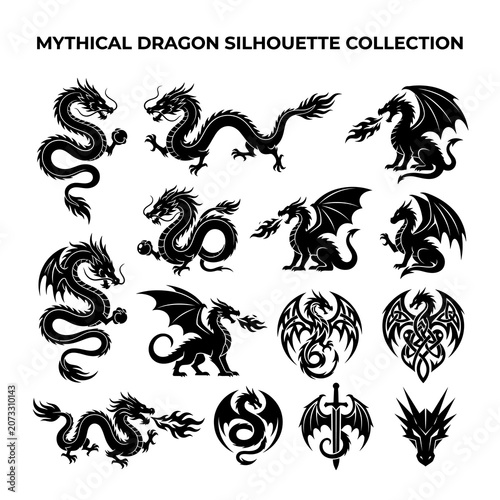 Mythical Dragon Silhouette Collection — Tribal, Winged and Fire-Breathing Emblem Set