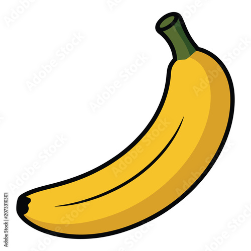 Bright yellow banana with a green stem on a white background, a simple and clean illustration.