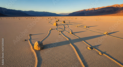 Moving Sailing Stones with Long Tracks on Racetrack Playa at Sunrise