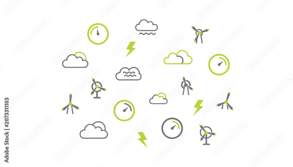 Fototapeta premium Meteorological and renewable energy icons illustrating wind turbines and weather conditions to visualize climate data and green power generation.