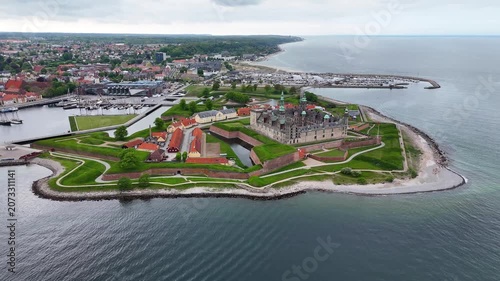 Aerial view of Kronborg Castle over moat and sea, Helsingor, Denmark