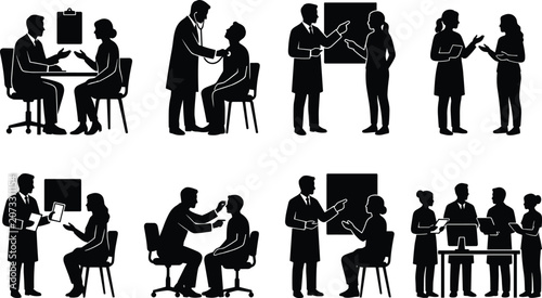 Medical consultation silhouettes with doctors, patients, teamwork, and diagnostic activities