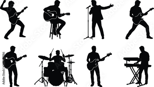 Musician silhouettes with guitar, drums, keyboard, and singing performance poses