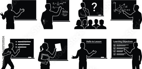 Black Silhouette Icons of Teachers and Students in Classroom Settings