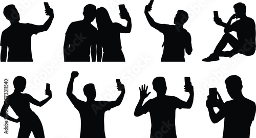 Black Silhouette Icons of Smartphone and Selfie Poses