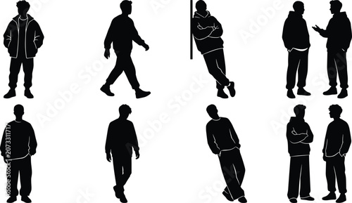 Standing and walking silhouettes with casual postures and conversational gestures