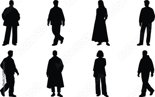 Standing and walking silhouettes with coats, dresses, jackets, and casual postures