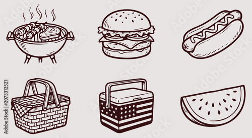 Fotografie Summer picnic food icons set featuring barbecue grill hamburger hot dog wicker b