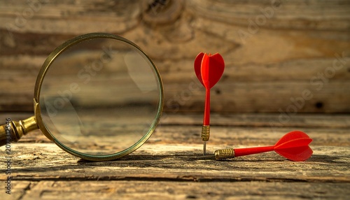 Magnifying glass and red darts on rustic wood