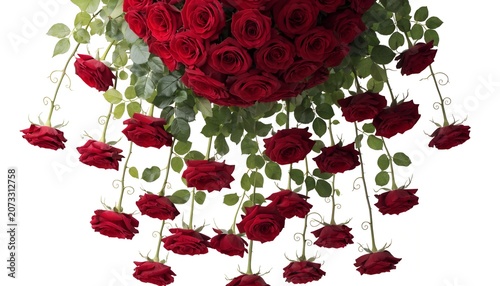 Beautiful bouquet of hanging red roses with green leaves