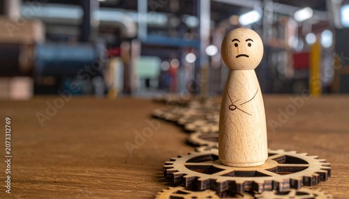 Wooden figurine on gear in industrial setting