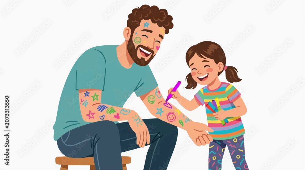 Fototapeta premium Joyful Father and Daughter Drawing Temporary Tattoos on Arm with Markers Vector
