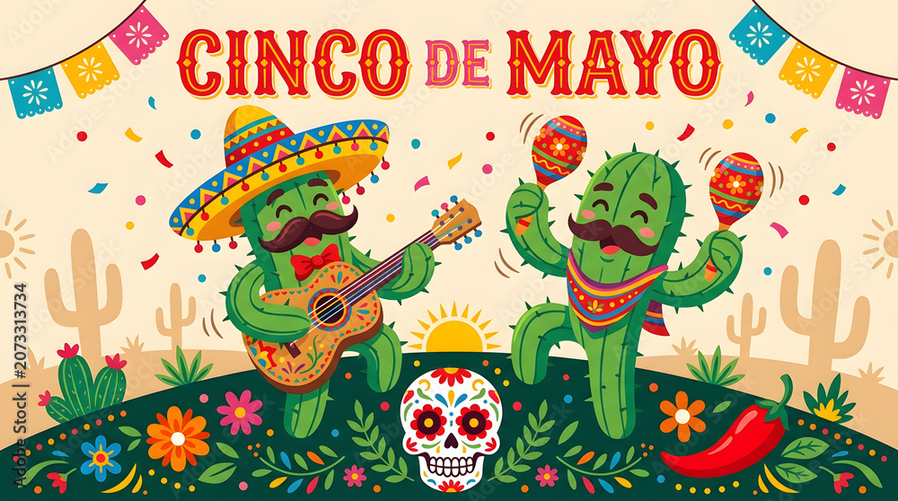 Naklejka premium Cinco de mayo celebration background, with two happy, cacti playing guitar, and maracas, a, sugar skull, chili, pepper, and bunting, on beige surface