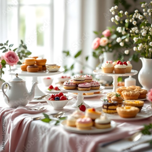 Tea party dessert table with elegant pastries, celebration concept
