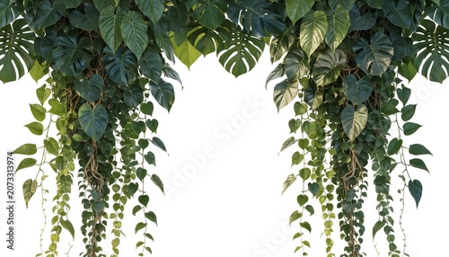 Green hanging tropical leaves and vines forming a frame