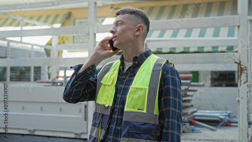 Obraz na plátně Man in yellow hi vis vest and plaid shirt holding smartphone to ear, smiling and looking up beside scaffolding and stacked metal pipes at building site; confidence