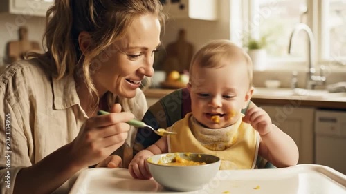 Caucasian Mother Feeding Baby In Kitchen, Warm Sunlit Scene Showing Smiling Mother Gently Spoonfeeding Pureed Vegetables To Infant In High Chair, Messy Bib And Ceramic Bowl On Tray, Playful Giggles