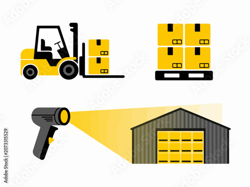 Forklift stacked boxes and barcode scanner illustration representing logistics and warehouse operations flat design vector elements for supply chain concepts