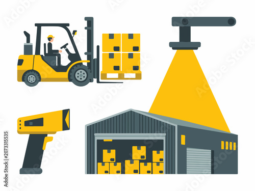Forklift loading boxes in warehouse with scanner and security light logistics and supply chain concept flat vector illustration