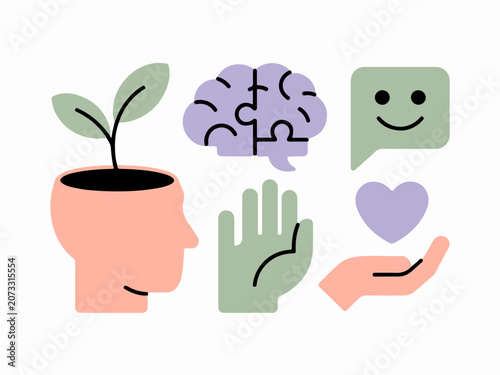 Mental health and well-being icons representing growth brain function emotions and care flat design elements for healthcare and psychology concepts
