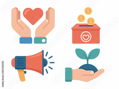 Set of charity and donation icons including hands holding heart money box megaphone and plant sprout flat design elements for fundraising and social causes