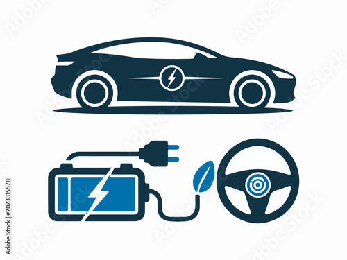 Electric car charging icon set including vehicle silhouette battery and steering wheel representing sustainable transport and eco-friendly technology