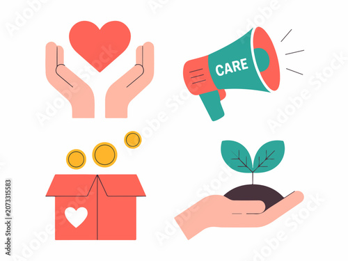Set of charity and care icons including hands holding heart donation box megaphone announcing care and seedling growth flat vector illustration for social causes