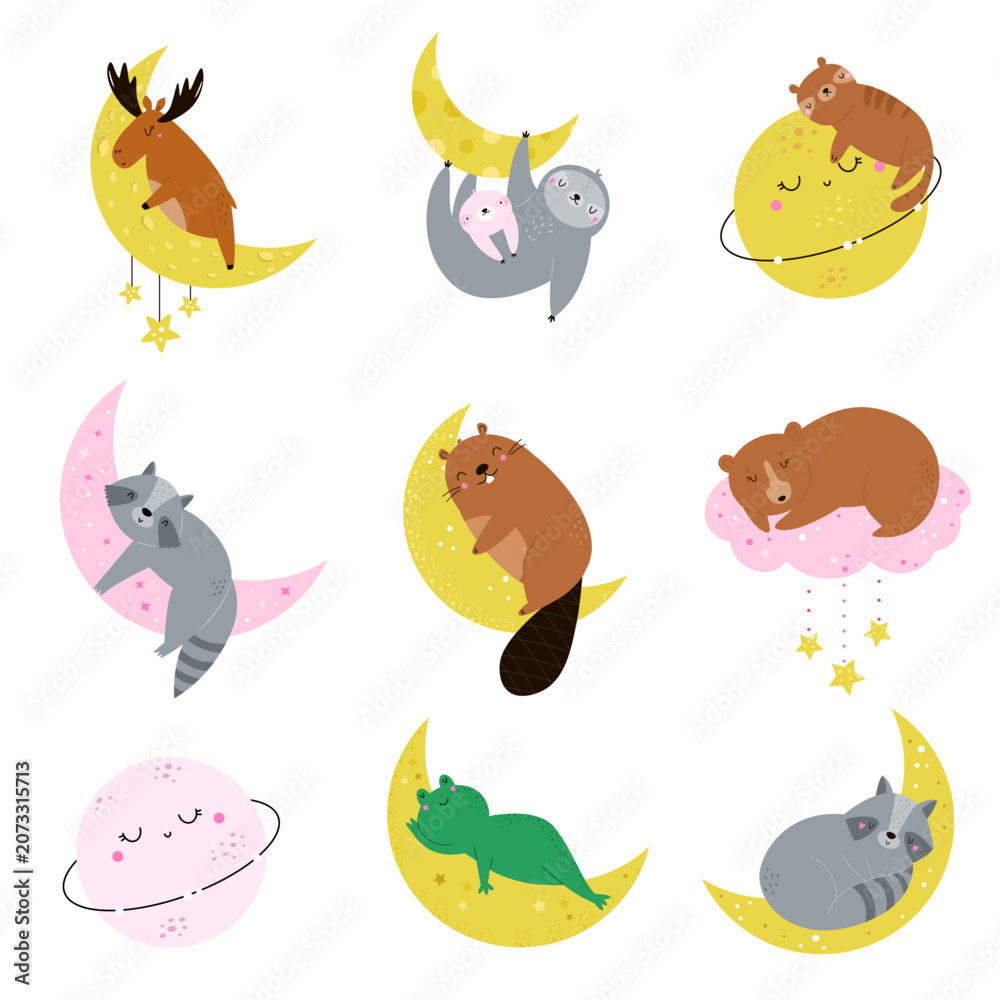 Fototapeta premium Cute cartoon animals sleeping on crescent moons. Funny vector characters