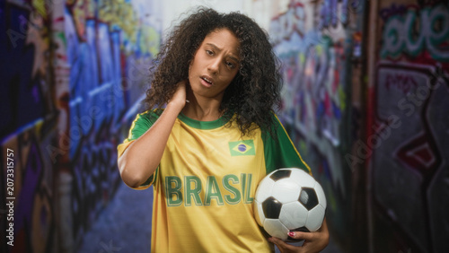 Tableau sur toile Woman with curly hair holding soccer ball with one hand and hand at neck, wearing yellow brasil t shirt with flag, standing in street graffiti alley; tired resignation