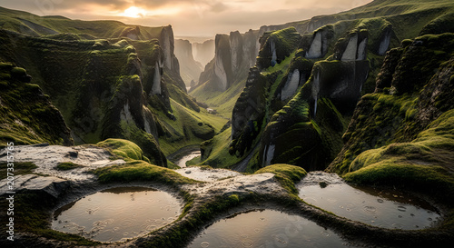Scenic canyon with waterfalls and rocky cliffs at golden hour