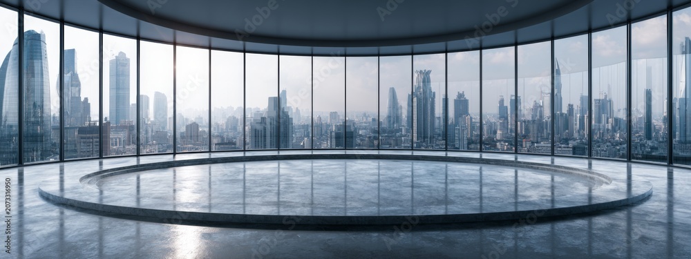 Fototapeta premium Modern Polished Concrete Display Platform in Luxury Urban Environment with Panoramic City Views