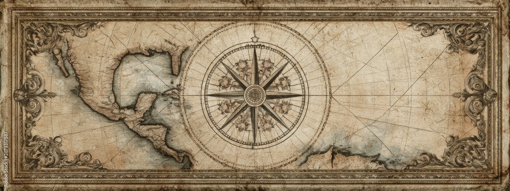 Fototapeta premium Elegant Colonial Era Map with Faded Compass Design and Intricate Border Decorations