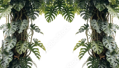 Green monstera leaves border frame with tropical jungle vines
