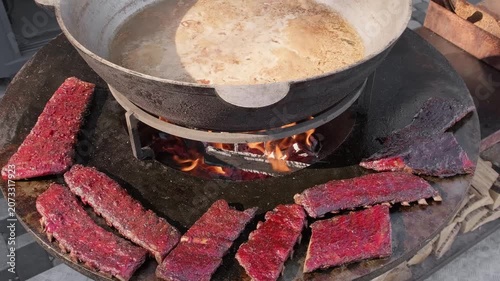 grilled ribs are fried on smoker, slow motion

