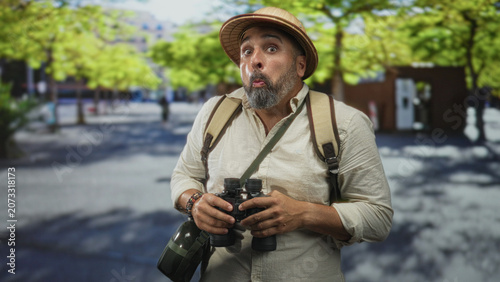 фотографія Man holding binoculars and wearing pith helmet and backpack in sunlit street plaza, pursed lips expression; curiosity travel exploration