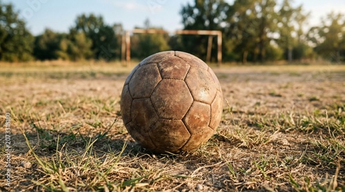 A weathered soccer ball sits on a dry field with a goal in the background.