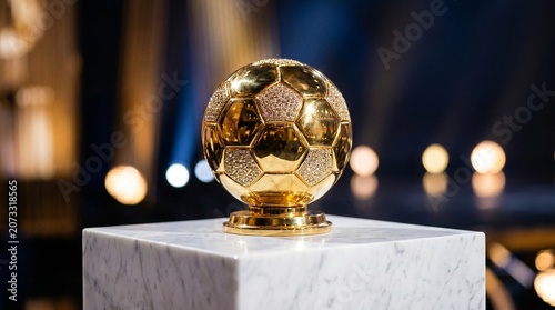 The prestigious Golden Ball award sits atop a white marble pedestal indoors.