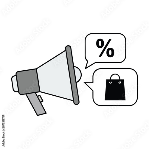 Megaphone and speech bubbles with percent sign and shopping bag icon for retail